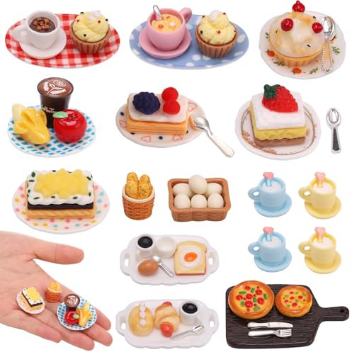 Kaisibum 50 Stücke Miniatur Essen und Trinken, Miniatur Deko Harz Puppenhaus Zubehör Miniatur Lebensmittel Set, Mini Küche Kleine Puppenzubehör Spielgeschirr