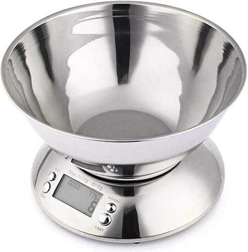 JDSHFEN Báscula electrónica de Acero Inoxidable para Cocina y joyería balanza Digital precisa de 5 kg/1 g para Alimentos de Cocina y joyería con Recipiente para,Un Color