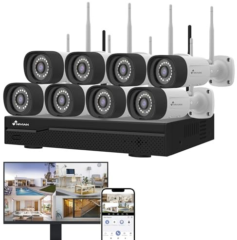 NIVIAN, Kit Caméras de Surveillance WiFi 2K Professionnel avec 8 Caméras IP, NVR 16 Canaux, Images Super HD, Détection Humaine IA, Vision Nocturne, Audio, HDMI, App EseeCloud, Enregistrement 24/7