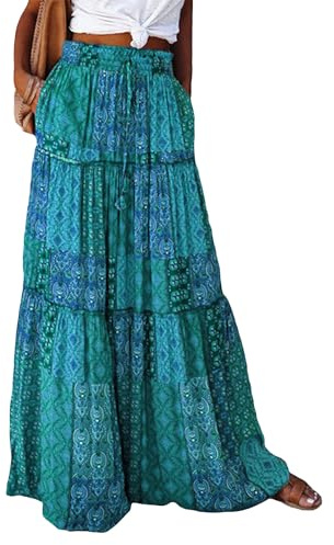 Women's Bohemian Maxi Skirts Summer Vintage Floral A Line Midi Skirts Flowy Tiered Long Skirts with Pockets (A-Green, L)