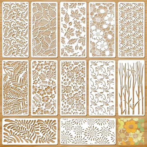 JSRQT 12 Piezas Plantillas Textura de Flores Hojas, Plantilla de Decoración Pequeñas para Pintar Manualidades, Plástico Reutilizables Stencils para Mueble Suelos Lienzo Madera Tarjetas, 8.6×4.1 inch