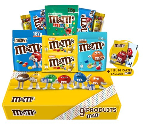 M&M's - Coffret Cadeau - Assortiment Gourmand 9 Produits Variés + 1 Jeu de cartes M&M's Exclusif | Chocolats, Biscuits, Crispy, Peanut, Caramel Salé & Minis - Idée Cadeau Anniversaire, Fêtes, Pâques