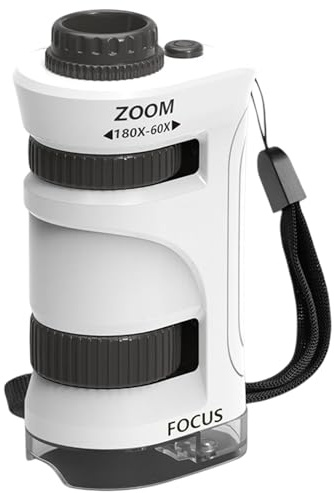 Pocket Microscope Built-in LED Light 60X-180X LED Pocket Microscope with 60x-180x Magnification for Children Students Adults Laboratory School (Black and White)