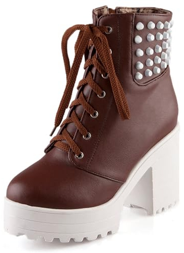LarDorLin Donna Punta Rotonda Cordoncino Plateau Stivaletti Chunky Tacco a Blocco Comodo Military Inverno Combat Polacchine Fibbia Marrone Numero 40 EU (41 Cn)