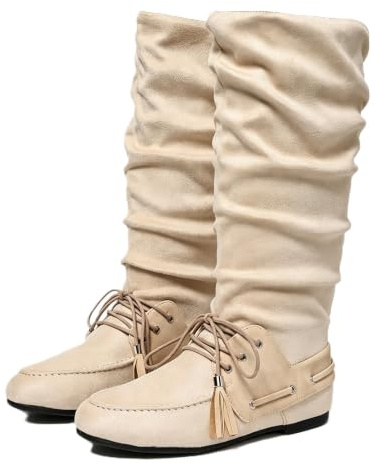 Slouchy rynkade knähöga stövlar för kvinnor platta western cowboy ridstövlar, Mocka Beiege snörning, 37 EU | med spänne nit rem dekor vardagliga höga vinterstövlar för semester fest shopping gatustil födelsedag
