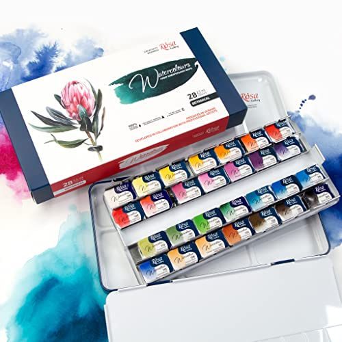 ROSA Gallery Botanical Watercolor Paint Set, Vibrant Kit by Professional Artists, Washable, High Lightfastness, Made in Ukraine, Packed in Metal Box, 28 Ct.