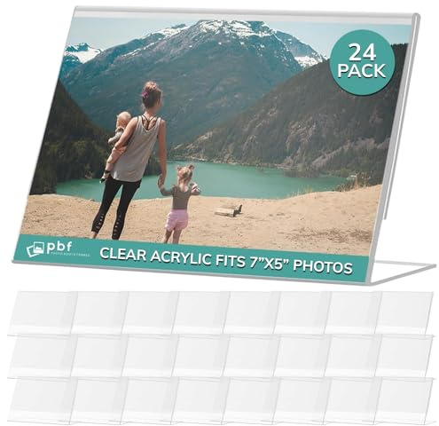 pbf 7x5 Acrylic Sign Holder | 7 x 5 Horizontal Stand Up Slanted Sign Holder | Acrylic Stands for Display | Clear Picture Frame, Menu Table Top Stand, Plastic Flyer Holder (24-Pack)