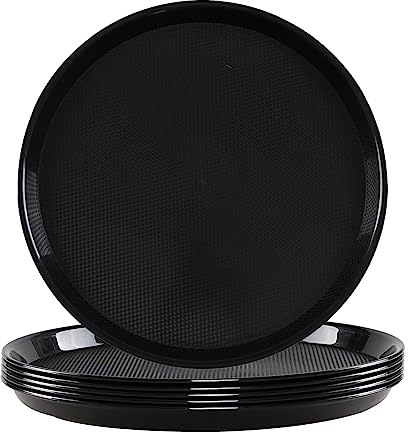 Zopnny 6 Pack Round Restaurant Serving Trays, 13.6 Inch Plastic Food Service Trays, Non-Skid Food Platter for Cafeteria, Bar, Coffee Shop, Hotel, Black
