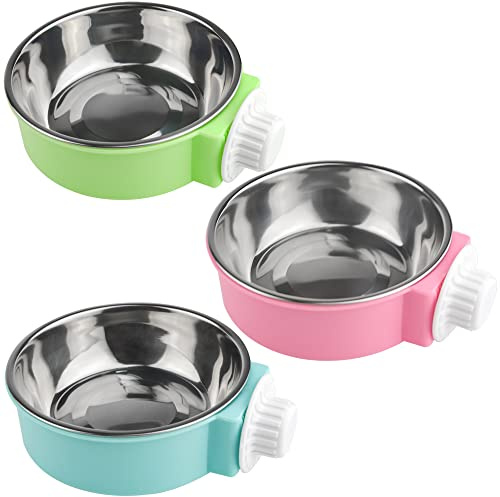 XINMEIWEN Lot de 2 gamelles Amovibles en Acier Inoxydable à Suspendre pour Animaux de Compagnie, gamelles pour Nourriture et Eau, parfaites pour Chats, Chiots, Oiseaux, Rats (Rose + Bleu + Vert)