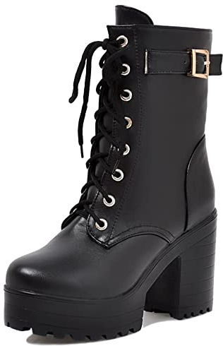 Lroey Reoly Bottines à Talon Bloc Femme, Bottes Habillées Talons Hauts Bout Rond Bottines Lacets Plateforme Bottes de Combat, Taille 33-45