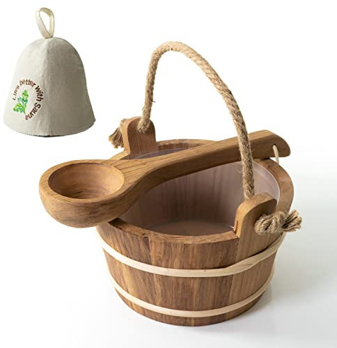 DF5ECOMMERCE Red Cedar Sauna Bucket and Ladle - 1 Gallon / 4 Liter Wooden Bucket and Ladle - Includes Plastic Liner, Rope Handle and Wool Sauna Cap