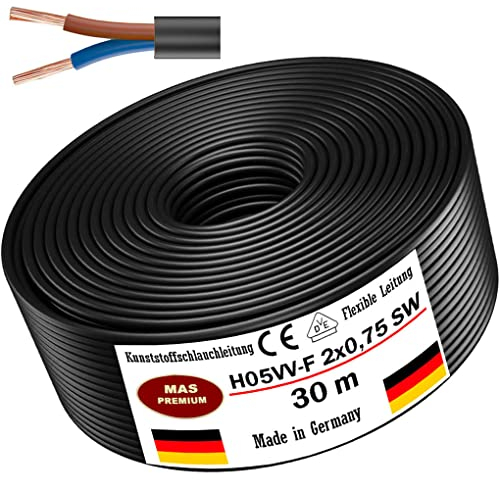 MAS Premium Von 5 bis 100m Kunststoffschlauchleitung H05VV-F 2, 3 oder 5 x0,75; x1; x1,5 oder x2,5 und 4G0,75 Flexible Leitung Kabel Leitung Gerätekabel (H05VV-F 2x0,75 SW, 30m)