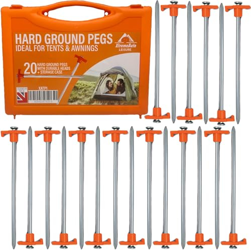 Xtremeauto Heavy Duty Tent Pegs Ground Pegs - X20 Hard Ground Camping Pegs For Tent, Awning & Tarpaulin, Long Steel Ground Stakes Metal Tent Pegs With Plastic Storage Case Rock Ground Pegs Heavy Duty