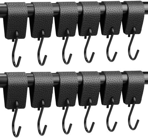 Teokantz 12 Stück S Haken Schwarz mit Lederschlaufe, Haken für Kleiderstange, Kleiderhaken mit Lederschlaufe, Haken zum Einhängen für Küche Bad Schlafzimmer Wohnzimmer