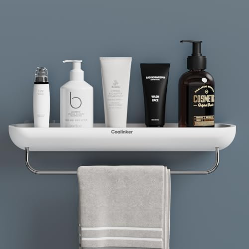 Coalinker Bathroom Shelf No Drill with Towel Holder- Stick On Wall Mounted Shower Caddy- Self Adhesive Organiser- White Storage Rack for Home Sink Accessories- No Drilling Required Plastic