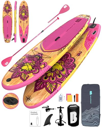 BAX ASTRONAVE Tabla Paddle Surf Hinchable,Tabla de Padel Surf Sup Completa Paddle Board Accesorios Bomba de Mano Remo Ajustable Bolsa Impermeable(Wood-Pink)