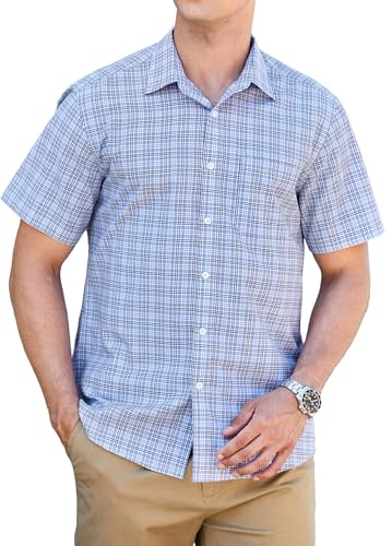 HISDERN Chemise à Carreaux Homme Manche Courte Boutonnées Décontractées été Travail Chemises Bleu Hommes avec Poches Coupe Régulière 2XL