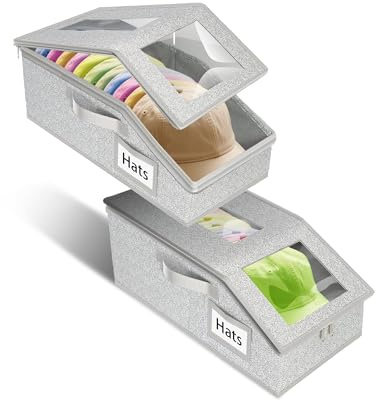 Uawsyut Stackable Hat Storage for Baseball Caps, 2 PCS Hat Storage Boxes for Closet, Holds up to 30 Caps with Cardboard, Hat Organizer for Women & Men(Two Clear Window) (Grey)
