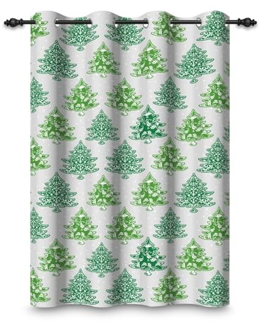 ggaimwf 107x160cm Dibujos animados Árboles Cortina con ojales Verde Árbol nevado Invierno Biombos Opacos Cortinas para ventanas Decoración navideña Niñas niños Dormitorio Sala estar,1 panel individual
