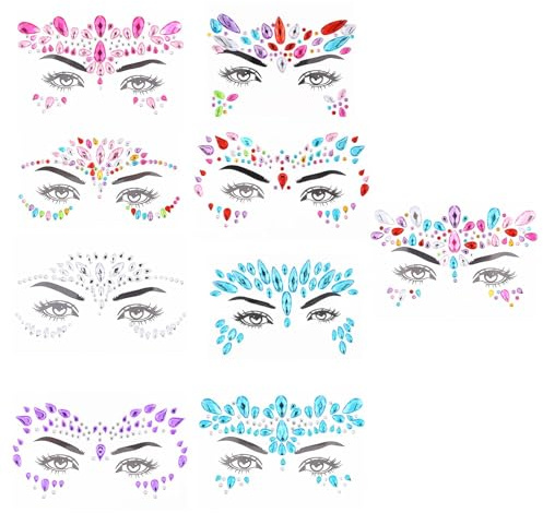 SJACXANM Ensembles Strass Autocollant Visage, 9 Autocollant Visage Festival, Autocollants Pour Le Visage En Cristaux, Strass Visage Pour Musique, Carnaval, Festivals, Décorations, Fêtes Et Halloween