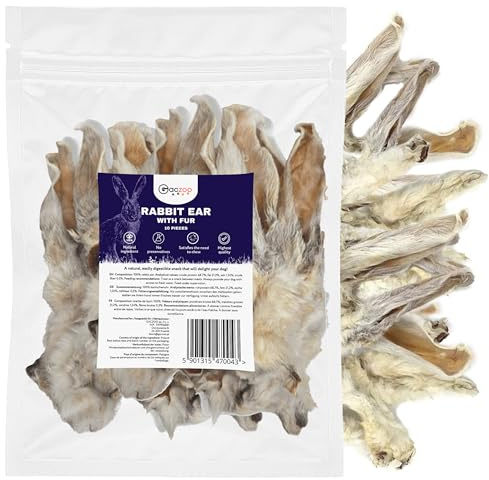 Gaczoo - Kaninchenohren mit Fell für Hunde - Hundeleckerli Getrocknet - ohne Zusätze - Langer Kauspaß - Beschäftigung & Stressabbau, Eiweiß- & Kollagenquelle - 10 Stück