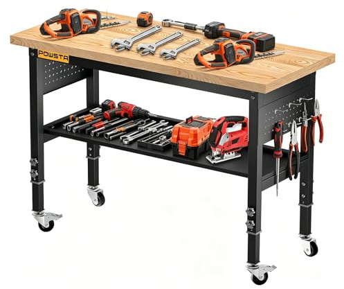 120cm Adjustable Workbench, 2-Tier, 5 Adjustable Heights, 900 kg Capacity | Heavy Duty Work Table with Pegboard & Swivel Casters & 6 Hooks for Garage, Workshop, Office, Home, Commercial