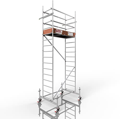 ALTEC Rollfix 500 - Hauteur de travail 5 m - Roulettes réglables en hauteur (Ø 150 mm) - Traverse et ancrage mural - Certifié TÜV - Fabriqué en Allemagne - Échafaudage en aluminium - Échafaudage roulant - Échafaudage de châssis - Pour plan de travail