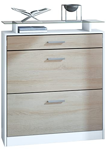 Vladon Schuhschrank Loret 89 x 104 x 23 cm Schuhkipper für 16 Paar Schuhe mit 1 Schublade, 1 Glasablage, Farben Weiß matt & Eiche sägerau