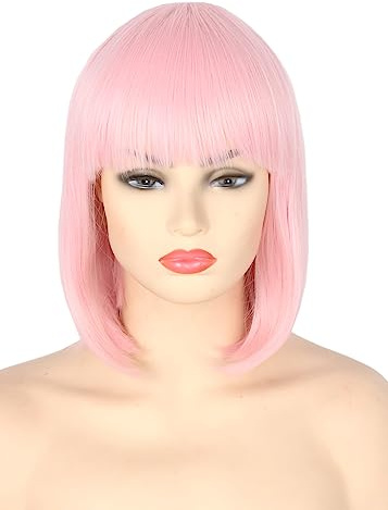 Topcosplay Damen Bob Perücke Kurze Rosa Perücke mit Pony Kostüm Karneval Fasching Synthetische Perücken