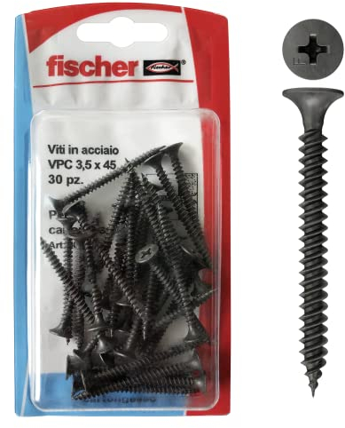 Fischer 30 Viti per Cartongesso 3,5x45 mm, Fosfatate Autoperforanti, per Fissaggio Lastre su Profili Metallici, Filettatura a Passo Fine, Impronta Phillips, 504667