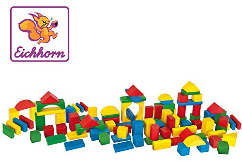 Eichhorn 100 Bunte Holzbausteine in der Trommel zur Aufbewahrung, FSC 100% zertifiziertes Buchenholz, Holzbausteine, Motorikspielzeug geeignet für Kinder ab 1 Jahr