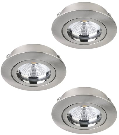 EGLO 3er-Set Einbaustrahler Tedo 1, Spots Set aus Aluminiumguss in Nickel-Matt, 3 Einbauleuchten mit GU10 Fassung, LED Leuchtmittel inklusive, dimmbar in Stufen, Spot flach, schwenkbar, Ø 8 cm
