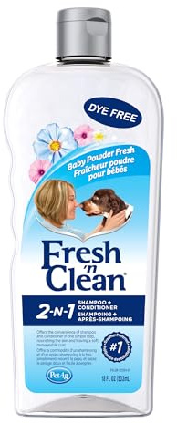 PetAg Fresh ’n Clean 2-N-1 Conditioning Shampoo, Baby Powder Scent - 18 oz - Moisturizes with Vitamin E & Aloe Vera - Strengthens & Repairs Coats - Soap Free