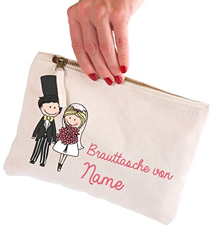 Herz & Heim® Brauttasche für wichtige Dinge die Man bei der Hochzeit braucht mit Namen der Braut