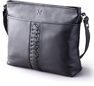 Lakeland Leather Women's Real Leather Farlam Shoulder Hand Bag with Pocket Plait Detail Adjustable Strap in Black