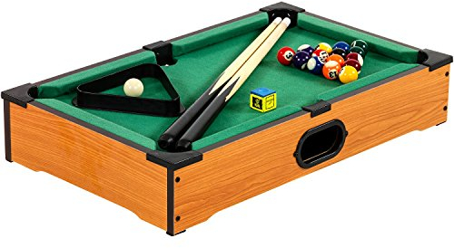 GAMES PLANET Mini Pool Billardtisch Nano inkl. Zubehör (2 Queues, Kugeln, Dreieck, Kreide), 3 Dekore, Maße: 51 x 31 x 10 cm