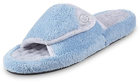 isotoner Women's Indoor/Outdoor Slip-on Adjustable Terry Spa Slide Slippers with Memory Foam Comfort, Blue Moon, 8.5-9 US