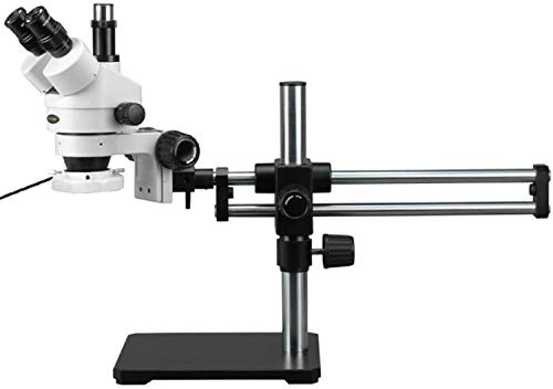 AmScope SM-5TZZ-144S Professional Trinocular Stereo Zoom Microscope, WH10x and WH20x Eyepieces, 3.5X-180X Magnification, 0.7X-4.5X Zoom Objective, 144-Bulb LED Ring Light, Ball-Bearing Double-Arm Boom Stand, 110V-240V, Includes 0.5X and 2.0X Barlow Lenses