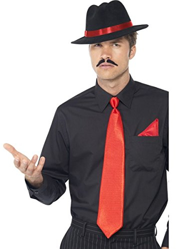 Smiffys Gangster Trilby Hut, Krawatte & Taschentuch, Rot Halloween