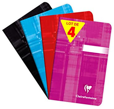 Clairefontaine 663592AMZC Lot de 4 Carnets Agrafés - 9x14 cm - 96 Pages Petits Carreaux - Papier Blanc 90 g - Couvertures Carte Pelliculée - Couleurs Aléatoires