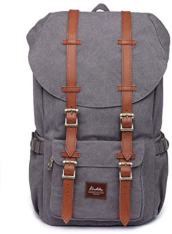 KAUKKO Unisex Canvas Rucksack im Vintage-Look mit Leder-Riemen als Schulrucksack, zum Wandern, Einkaufen, Reisen, Camping und für die Verwendung im Alltag,1grey,L