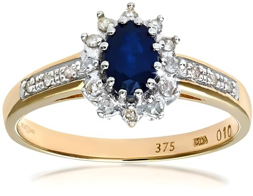 Naava Women's Sapphire and 12 Diamond Set Shoulders 9 ct Yellow Gold Ring - Size P
