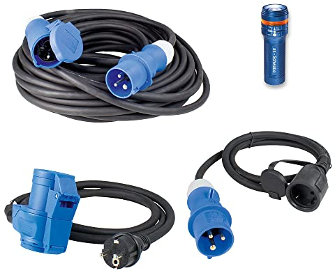 as - Schwabe Camping Set 4-teilig - Outdoor - 10m CEE Verlängerungsleitung mit CEE Stecker und CEE Kupplung - 2 x je 1,5m Adapterleitung - LED Taschenlampe, 19601