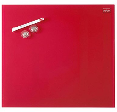 Nobo - Petit Tableau Blanc Mural Carré, Surface Magnétique en Verre Effaçable à Sec, Sans Cadre, Fixations Invisibles, 450 x 450 mm, Feutre Marqueur et Aimants Inclus, Rouge, 1903955
