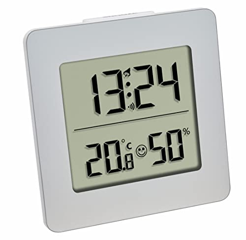 TFA Dostmann Digitales Thermo-Hygrometer, Innentemperatur, Luftfeuchtigkeit, Uhrzeit und Datum, gesundes Raumklima, silber, L 94 x B 37 x H 94 mm