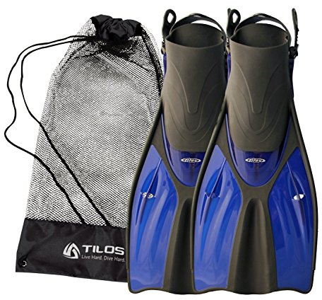 Tilos Getaway Large Open Heel Snorkeling Fins - Travel-Friendly, Adjustable Flippers for Wide Feet (Blue, ML/XL (9-13))