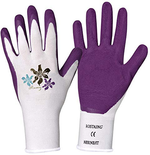 ROSTAING Gants NERINE - Paire de Gants de Protection Multi-Usages en Latex - Protection Idéale pour les Travaux de Bricolage et de Jardinage en milieu Humide - Gants de Plantation - Violet et Blanc