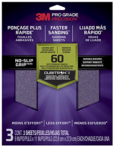 3M Feuilles à poncer 3M Pro-Grade Precision, grain 60 (gros), 26060TRI-3, 22,8 cm x 27,9 cm, 3/paquet