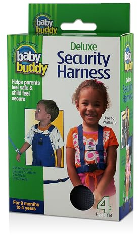 Baby Buddy Deluxe Security Harness, 4 Piece Set with Adjustable Safety Wrist Leash and Chair Straps for Toddlers, Black