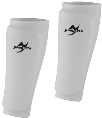 Ju-Sports - Spann Schienbeinschoner Stoff, weiß, Baumwolle I Schoner für viele Kampfsportarten I Dehn- & waschbarer Spannschoner & Schienbeinschutz I Größe S